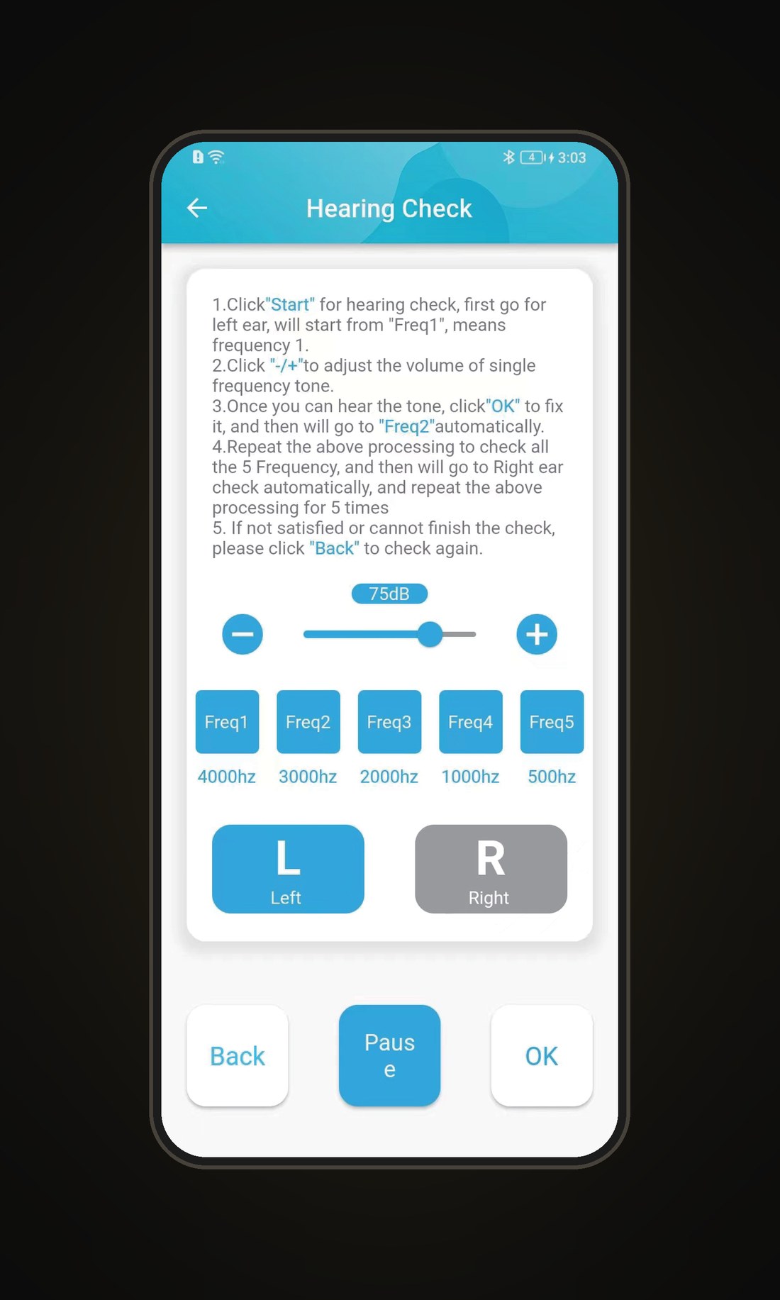The three FORSOUND app screens of the hearing check: start the check, tap OK at each tone, then Start Self Fitting