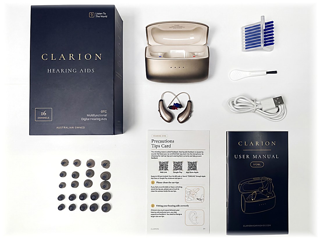 Clarion Clarity S3 complete kit: box, charging case, both hearing aids, tips, cleaning tools, cable and manual